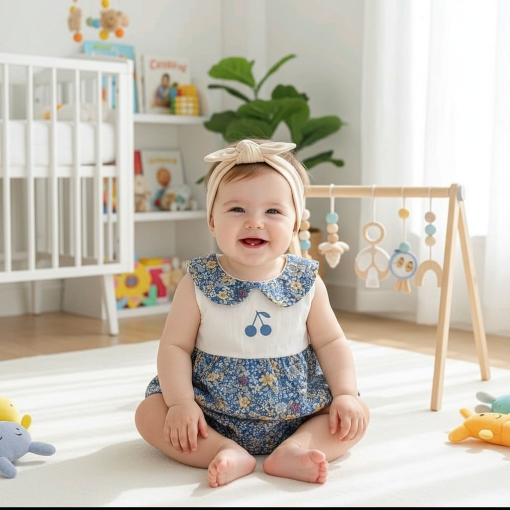 Blue Cherry print & White Cotton girls Frock