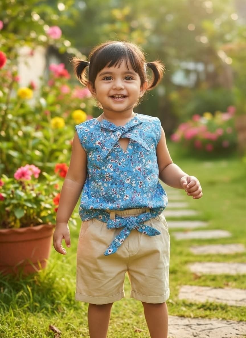 Blue Color Cotton Girls Tops & Pant Set