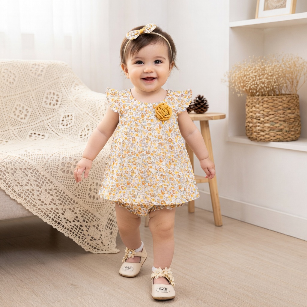 Yellow Color Floral Print Frock & Pant