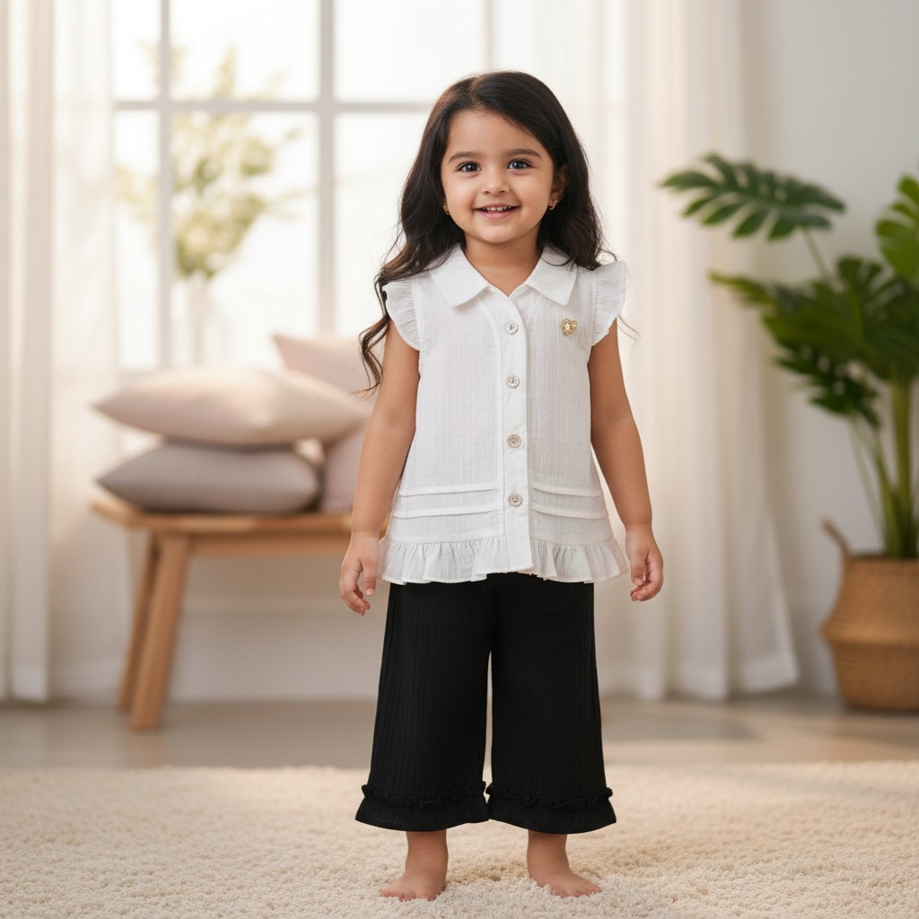 Cotton Dark Blue & White Shirt Style Top & Pant Set