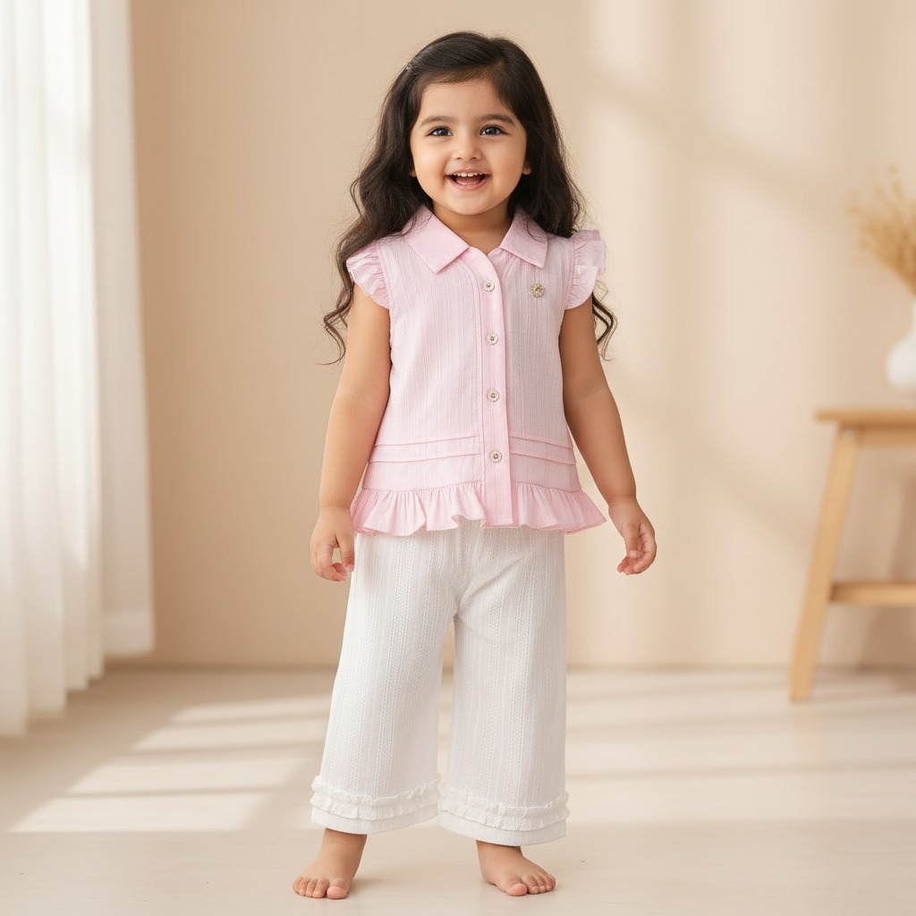 Pink & White Color Cotton Shirt Style Top & Pant Set