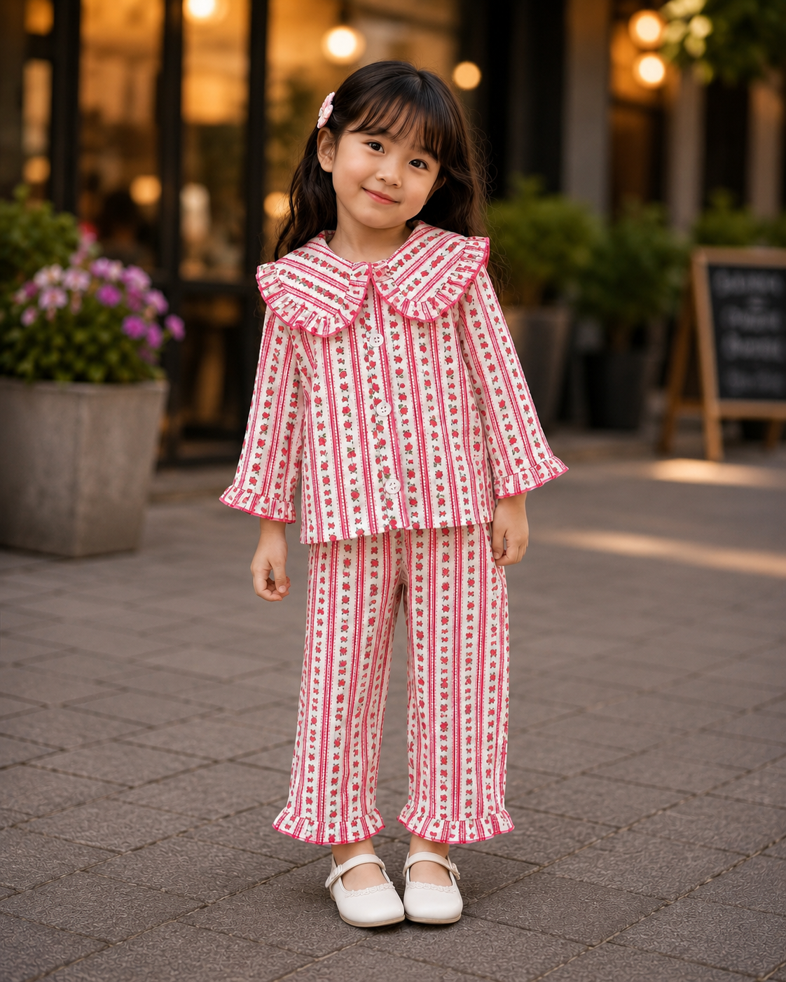 Girls' Rose Blossom Stripe Cotton Casual wear Set