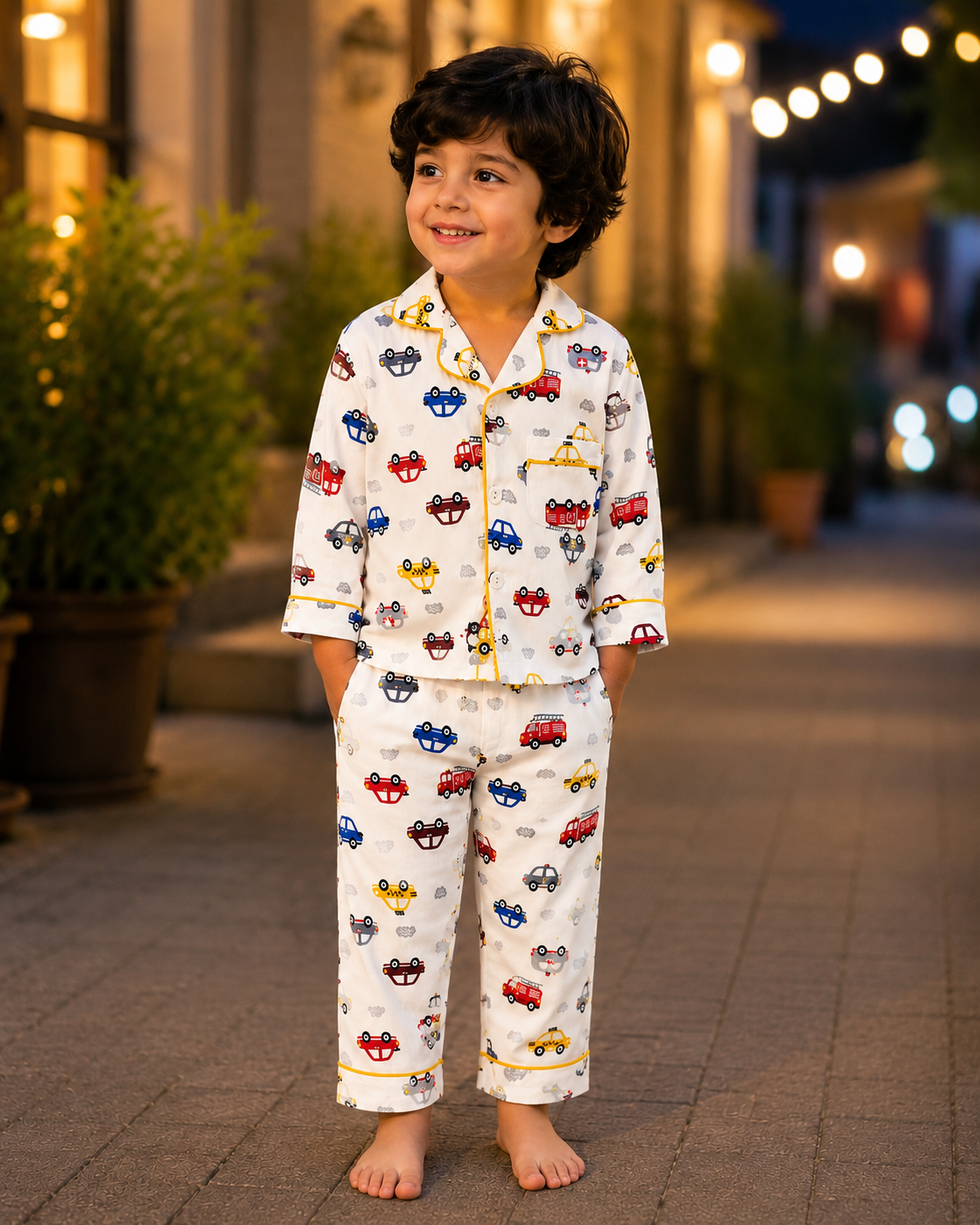 Car Print Yellow Cotton Casual wear Set