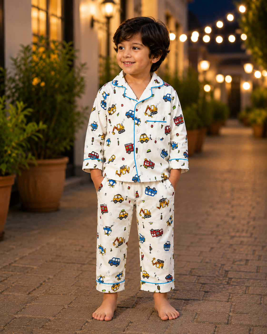 Car Print Blue Cotton Casual wear Set