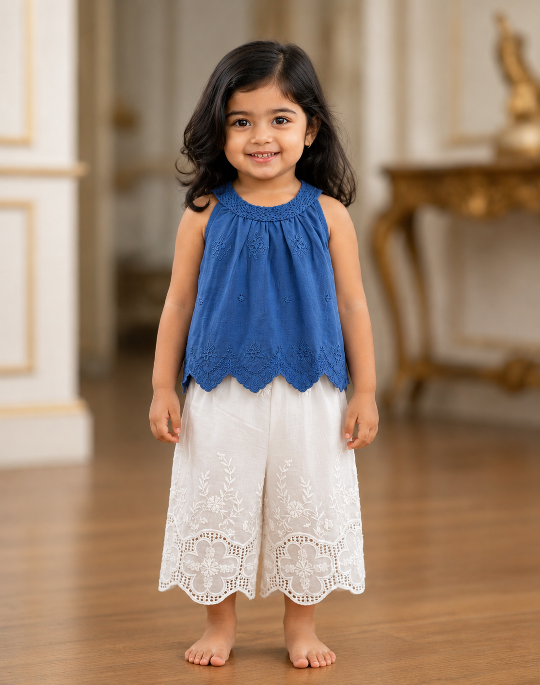 Girls Royal Blue Embroidered Top & Beige Lace Culotte Set