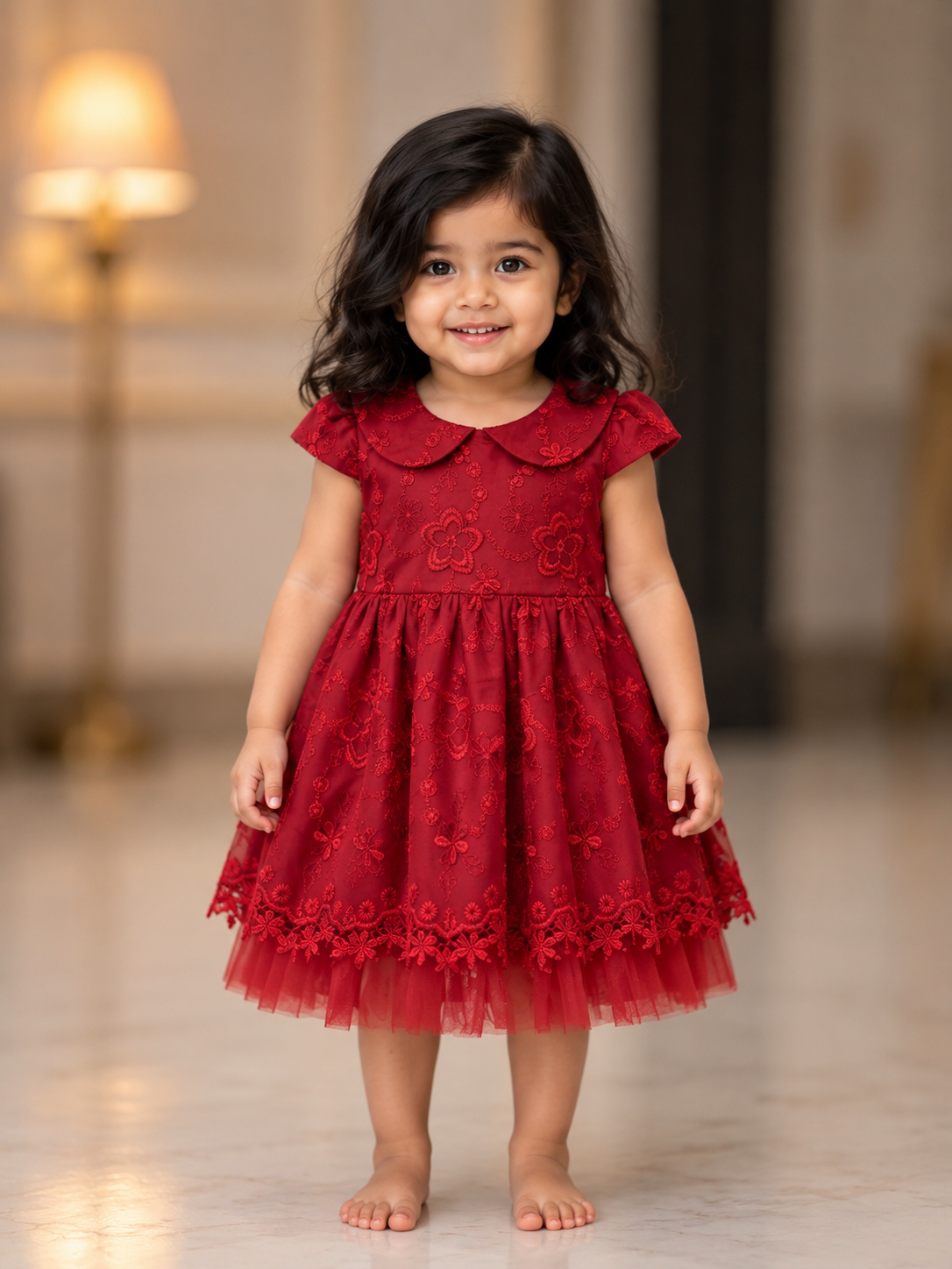  Girls Maroon Embroidered Party Dress